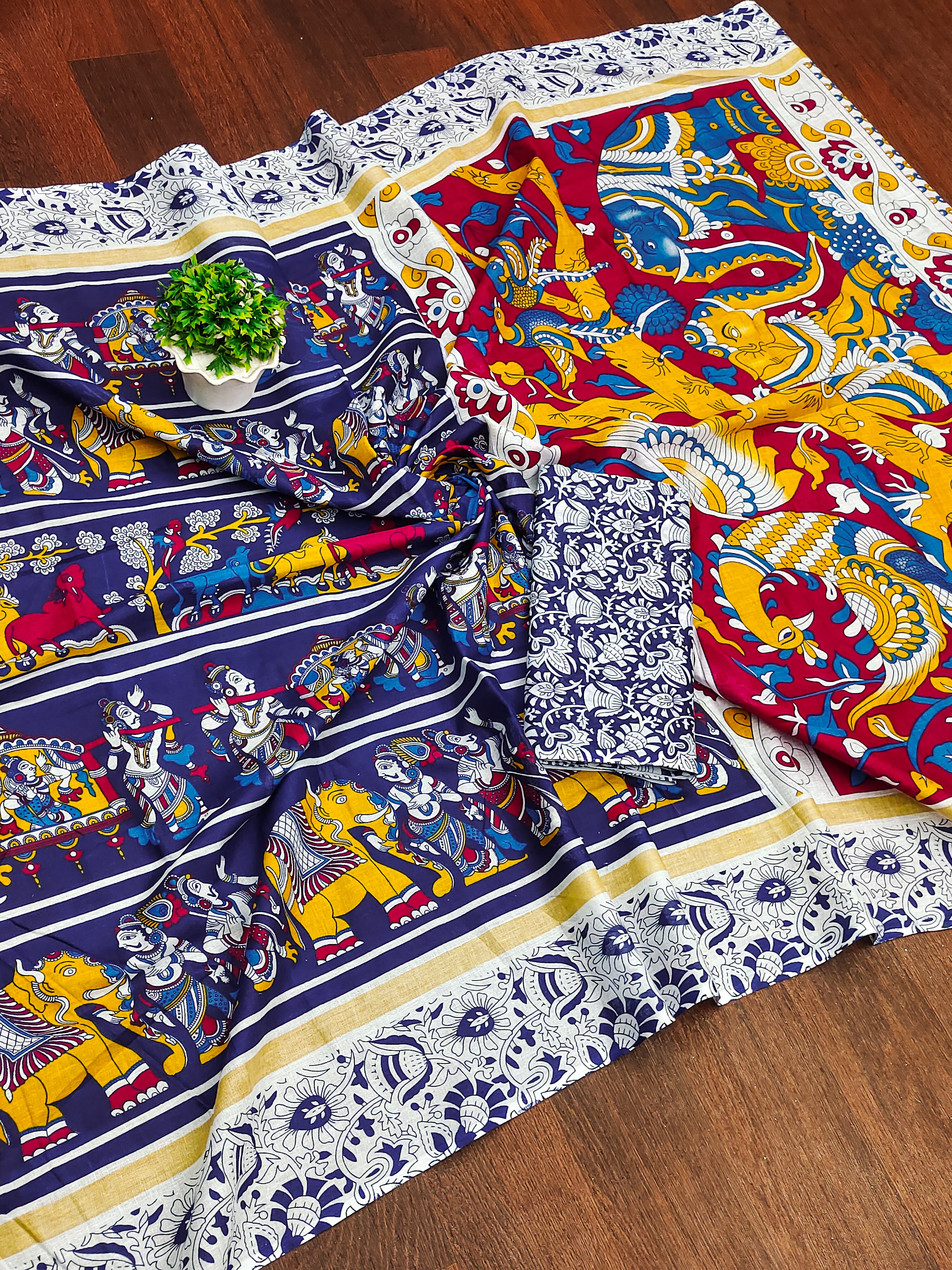 CHIRALA TRADITIONAL KALMKARI COTTON HAND BLOCK PRINT ULTRA SOFT LIGHT WEIGHT BLUE SAREE