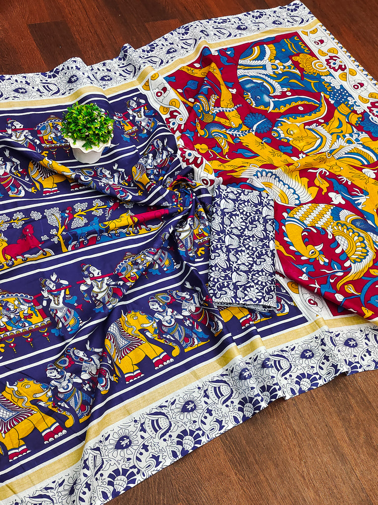 CHIRALA TRADITIONAL KALMKARI COTTON HAND BLOCK PRINT ULTRA SOFT LIGHT WEIGHT BLUE SAREE