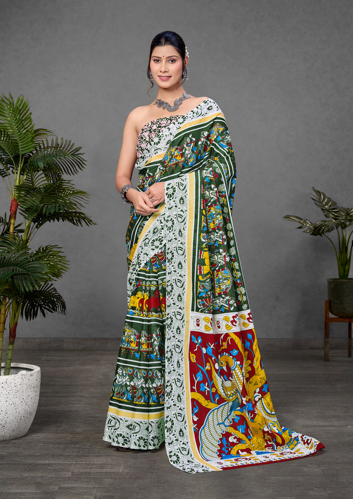 CHIRALA TRADITIONAL KALMKARI COTTON HAND BLOCK PRINT ULTRA SOFT LIGHT WEIGHT GREEN SAREE