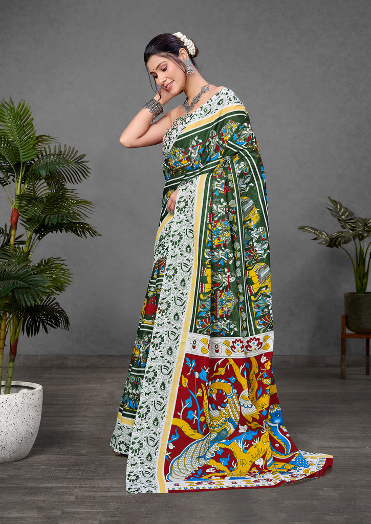 CHIRALA TRADITIONAL KALMKARI COTTON HAND BLOCK PRINT ULTRA SOFT LIGHT WEIGHT GREEN SAREE