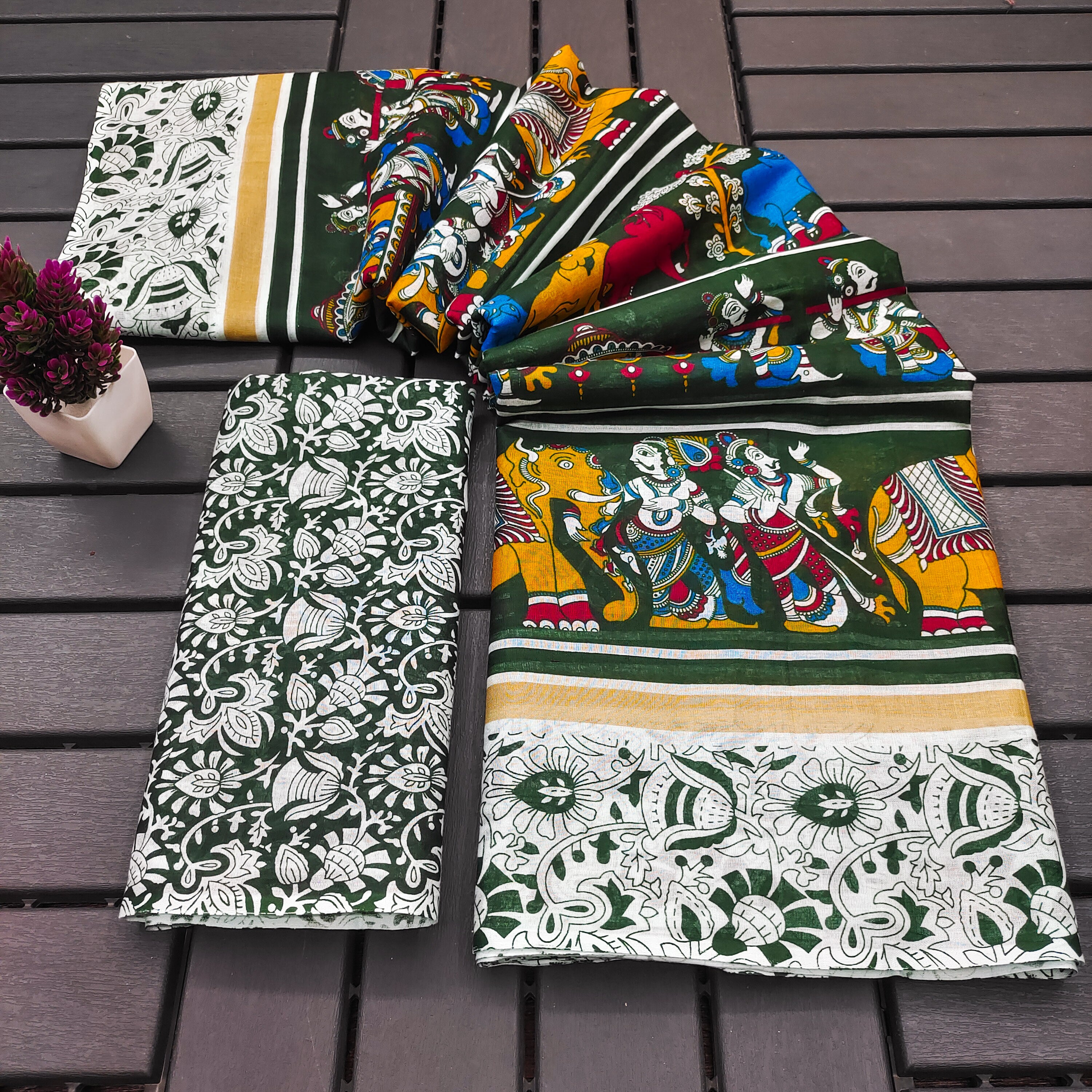 CHIRALA TRADITIONAL KALMKARI COTTON HAND BLOCK PRINT ULTRA SOFT LIGHT WEIGHT GREEN SAREE