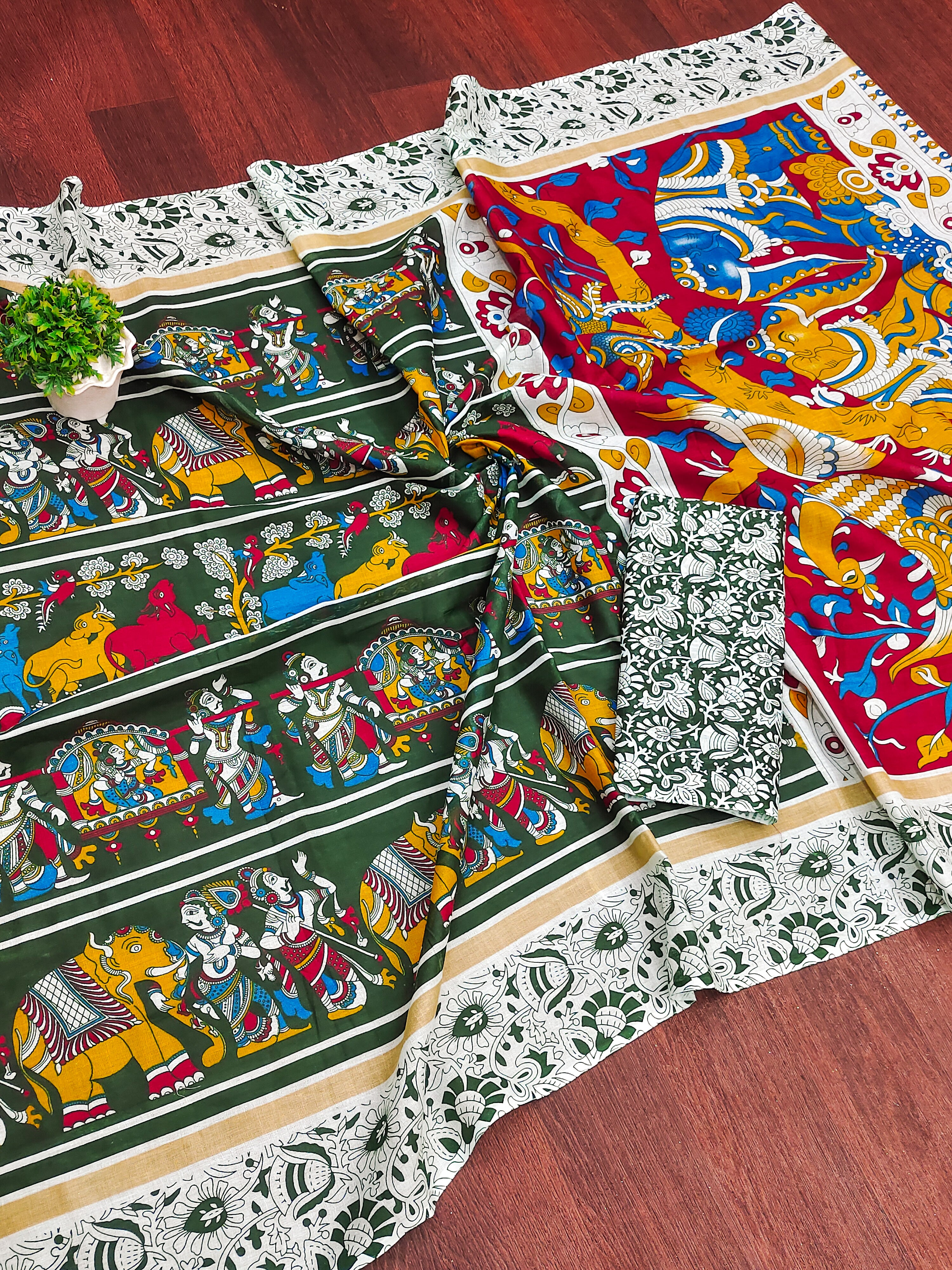 CHIRALA TRADITIONAL KALMKARI COTTON HAND BLOCK PRINT ULTRA SOFT LIGHT WEIGHT GREEN SAREE