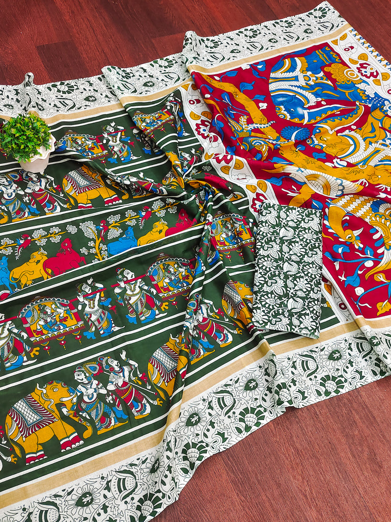CHIRALA TRADITIONAL KALMKARI COTTON HAND BLOCK PRINT ULTRA SOFT LIGHT WEIGHT GREEN SAREE