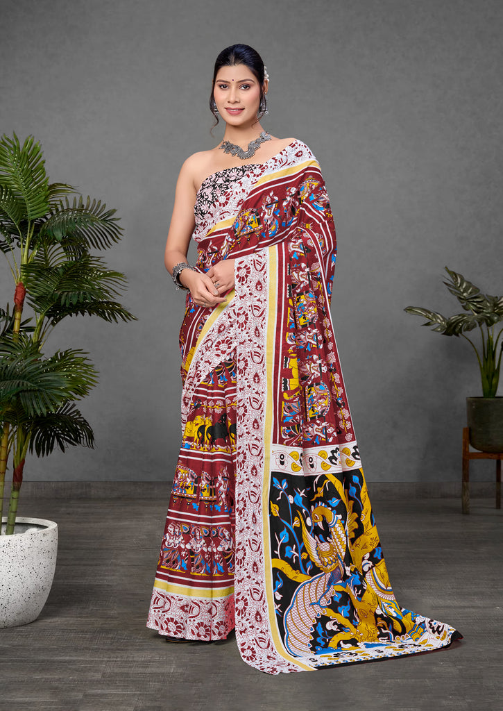 CHIRALA TRADITIONAL KALMKARI COTTON HAND BLOCK PRINT ULTRA SOFT LIGHT WEIGHT RED SAREE