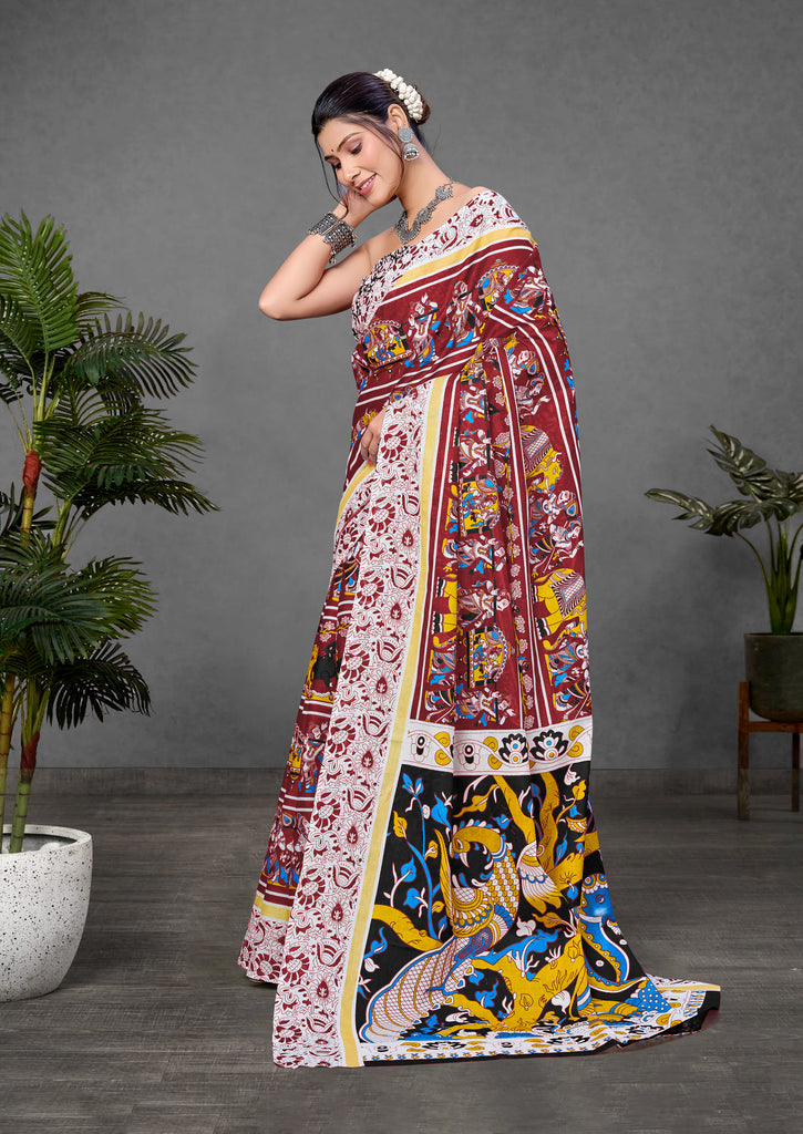 CHIRALA TRADITIONAL KALMKARI COTTON HAND BLOCK PRINT ULTRA SOFT LIGHT WEIGHT RED SAREE