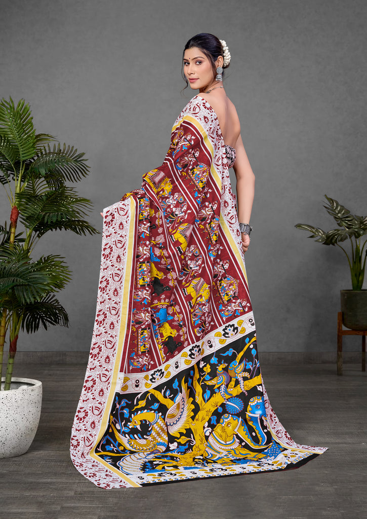 CHIRALA TRADITIONAL KALMKARI COTTON HAND BLOCK PRINT ULTRA SOFT LIGHT WEIGHT RED SAREE