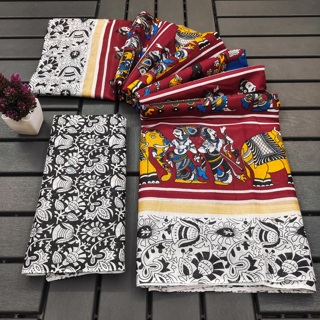 CHIRALA TRADITIONAL KALMKARI COTTON HAND BLOCK PRINT ULTRA SOFT LIGHT WEIGHT RED SAREE