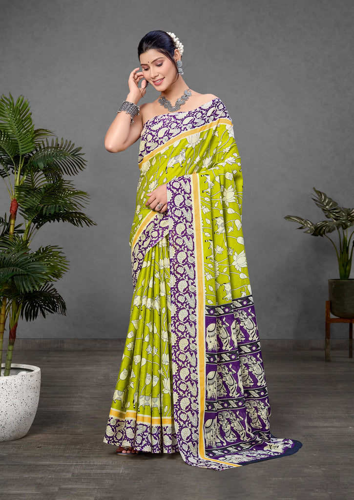 CHIRALA PURE MUL COTTON TRADITIONAL KALMKARI HAND BLOCK  PRINT GREEN SAREE
