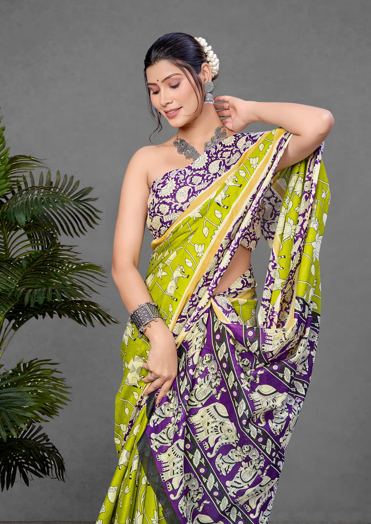 CHIRALA PURE MUL COTTON TRADITIONAL KALMKARI HAND BLOCK  PRINT GREEN SAREE