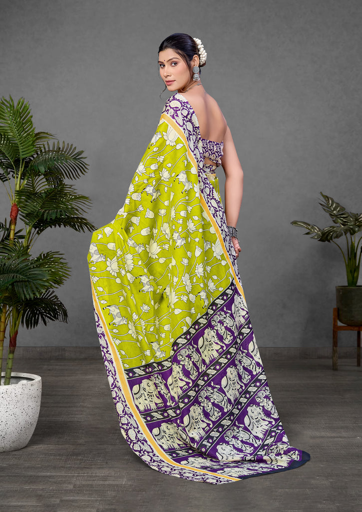 CHIRALA PURE MUL COTTON TRADITIONAL KALMKARI HAND BLOCK  PRINT GREEN SAREE