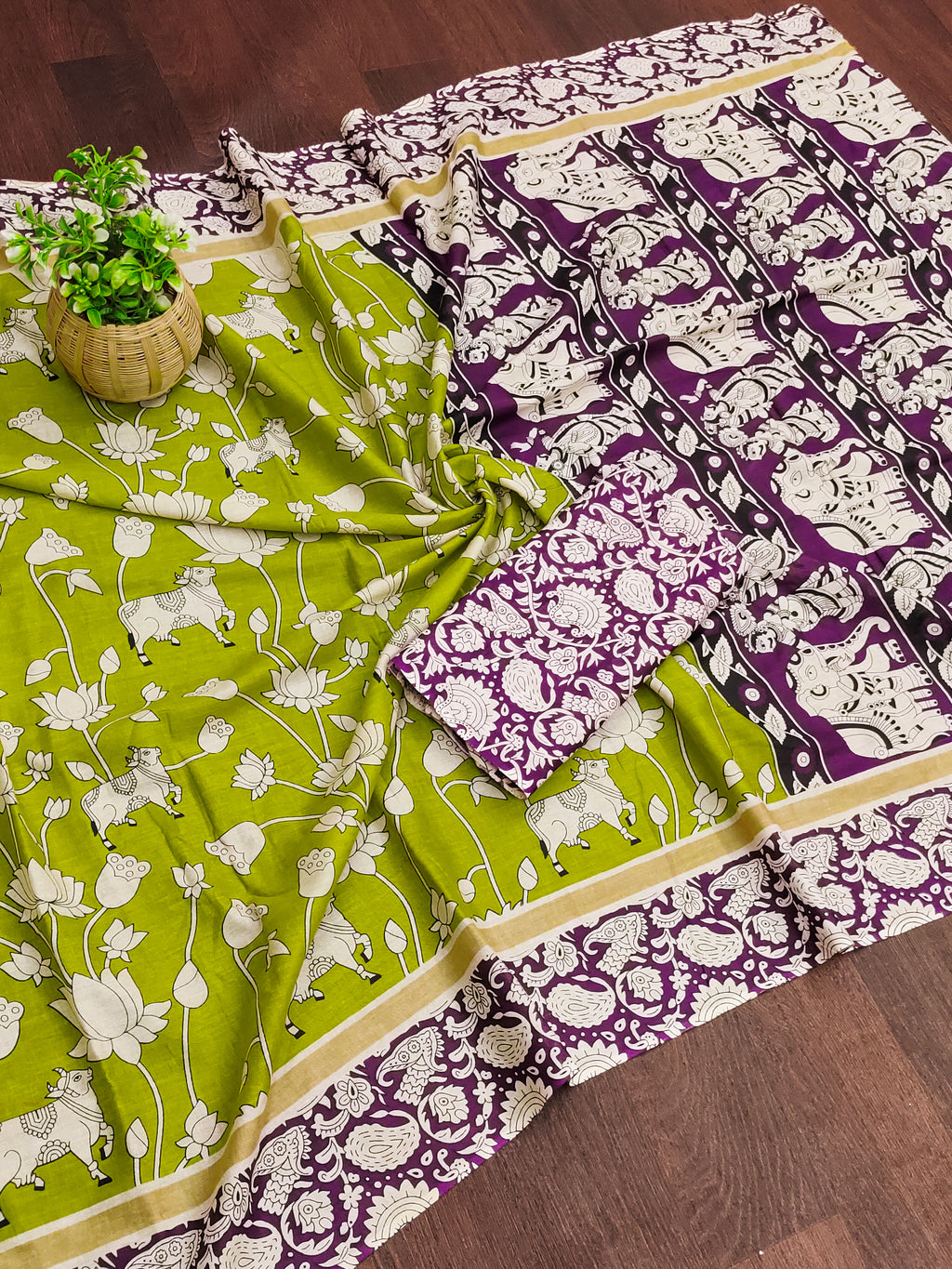 CHIRALA PURE MUL COTTON TRADITIONAL KALMKARI HAND BLOCK  PRINT GREEN SAREE