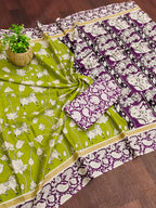 CHIRALA PURE MUL COTTON TRADITIONAL KALMKARI HAND BLOCK  PRINT GREEN SAREE