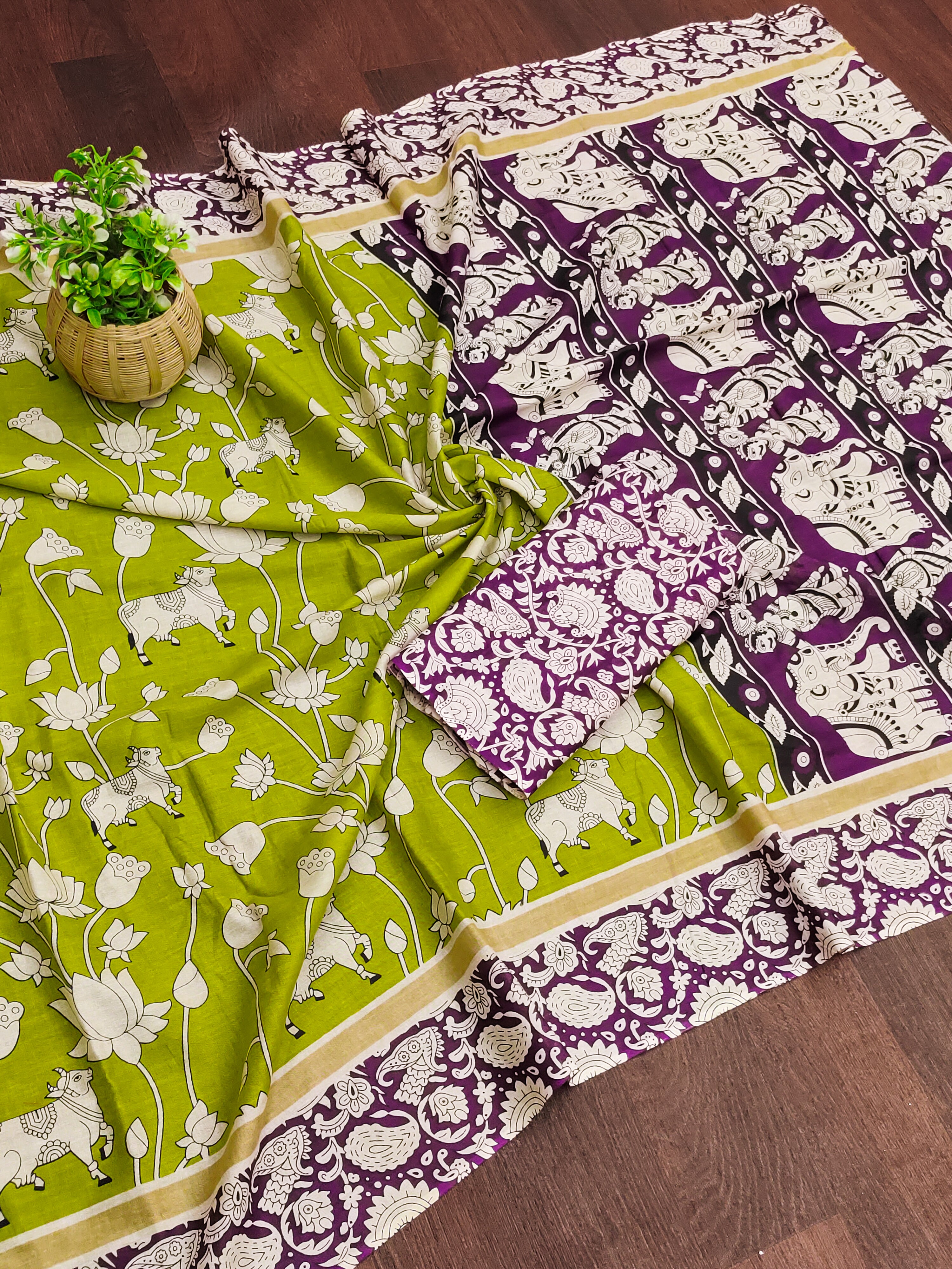 CHIRALA PURE MUL COTTON TRADITIONAL KALMKARI HAND BLOCK  PRINT GREEN SAREE
