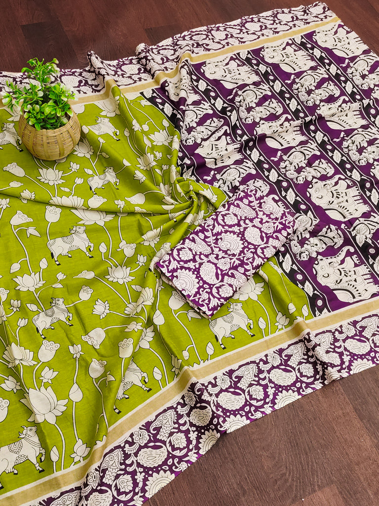 CHIRALA PURE MUL COTTON TRADITIONAL KALMKARI HAND BLOCK  PRINT GREEN SAREE