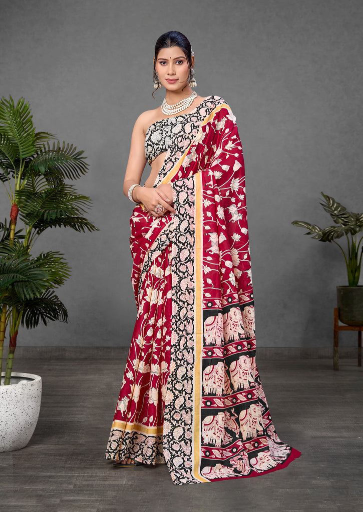 CHIRALA PURE MUL COTTON TRADITIONAL KALMKARI HAND BLOCK  PRINT RED SAREE