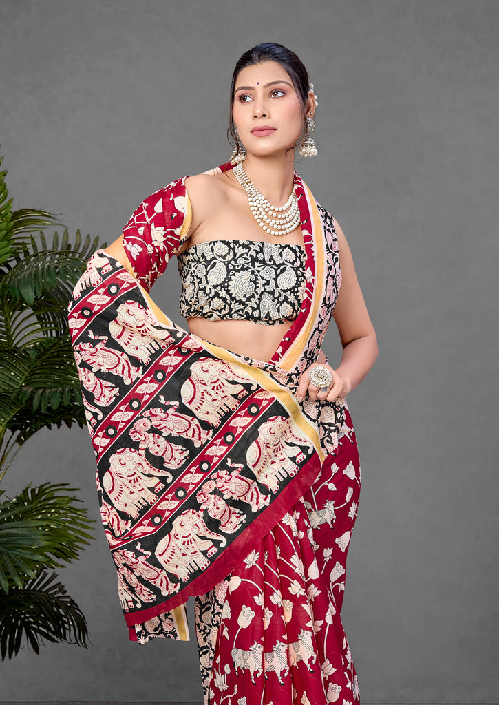 CHIRALA PURE MUL COTTON TRADITIONAL KALMKARI HAND BLOCK  PRINT RED SAREE