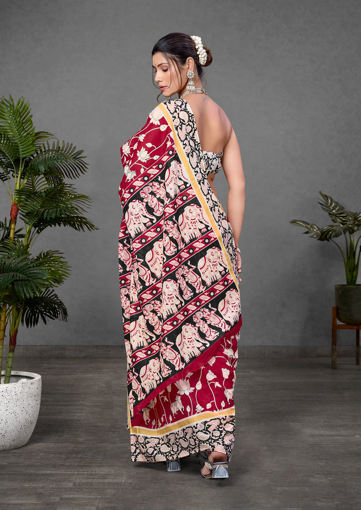 CHIRALA PURE MUL COTTON TRADITIONAL KALMKARI HAND BLOCK  PRINT RED SAREE