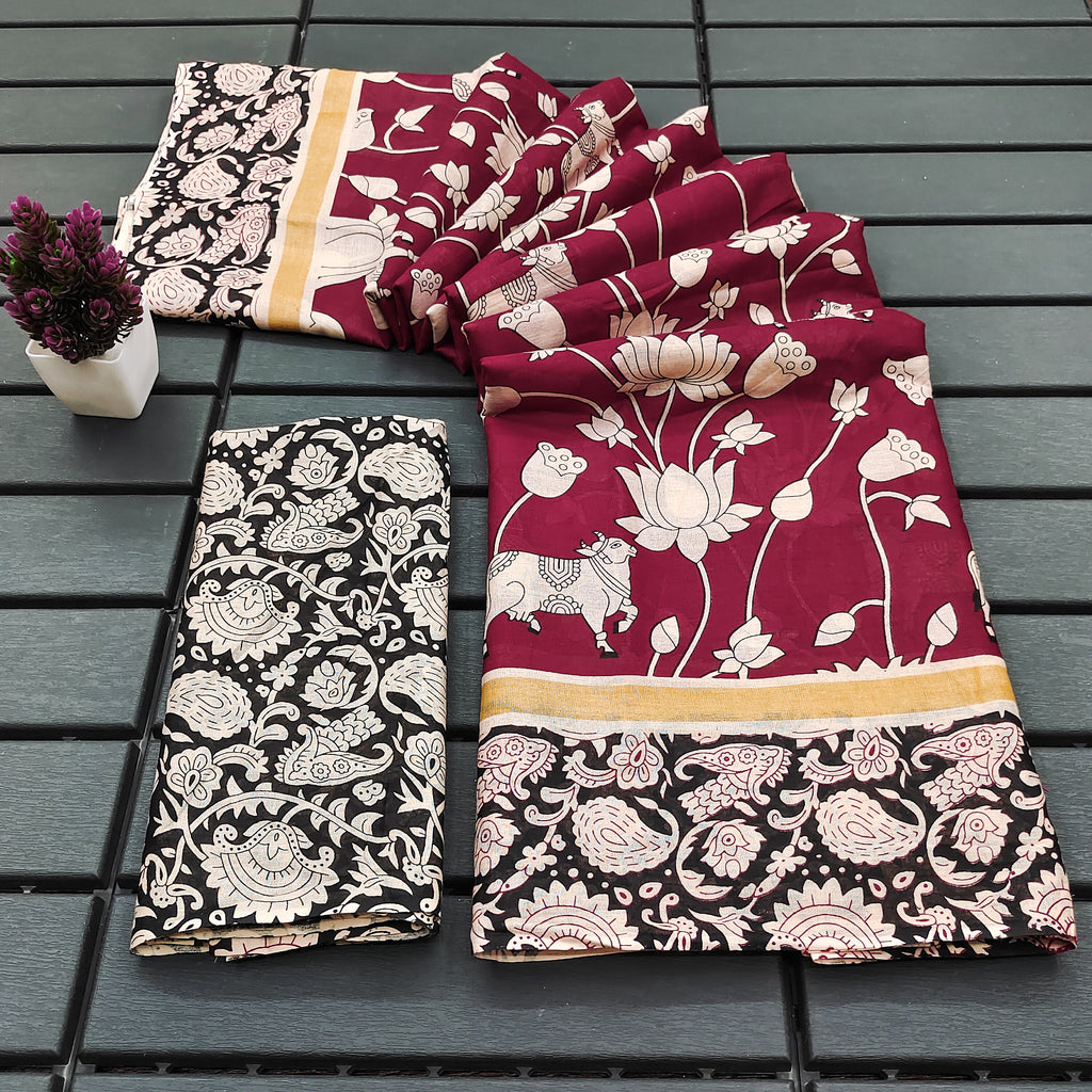 CHIRALA PURE MUL COTTON TRADITIONAL KALMKARI HAND BLOCK  PRINT RED SAREE