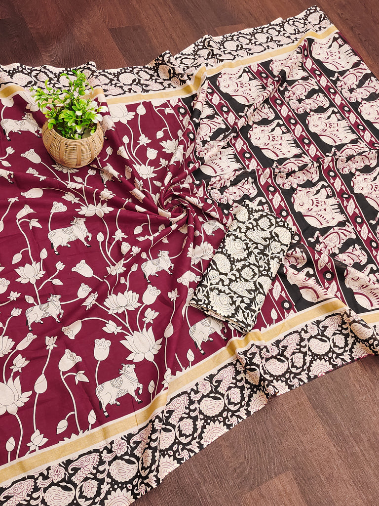 CHIRALA PURE MUL COTTON TRADITIONAL KALMKARI HAND BLOCK  PRINT RED SAREE