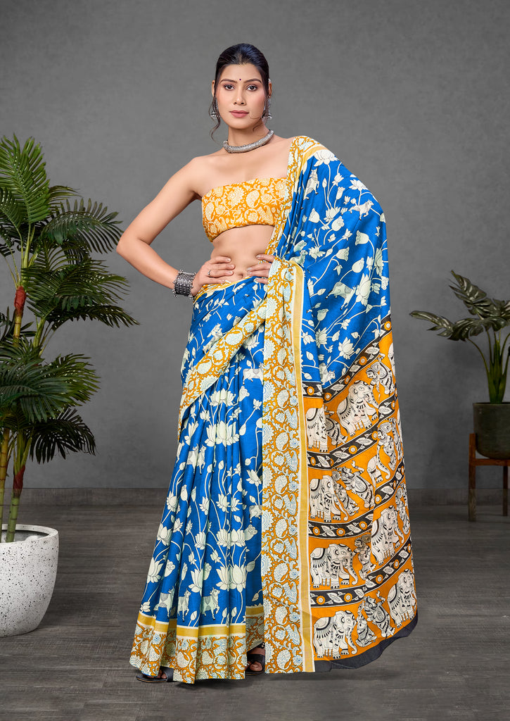 CHIRALA PURE MUL COTTON TRADITIONAL KALMKARI HAND BLOCK  PRINT ROYAL BLUE SAREE