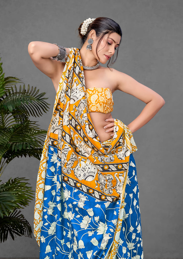 CHIRALA PURE MUL COTTON TRADITIONAL KALMKARI HAND BLOCK  PRINT ROYAL BLUE SAREE