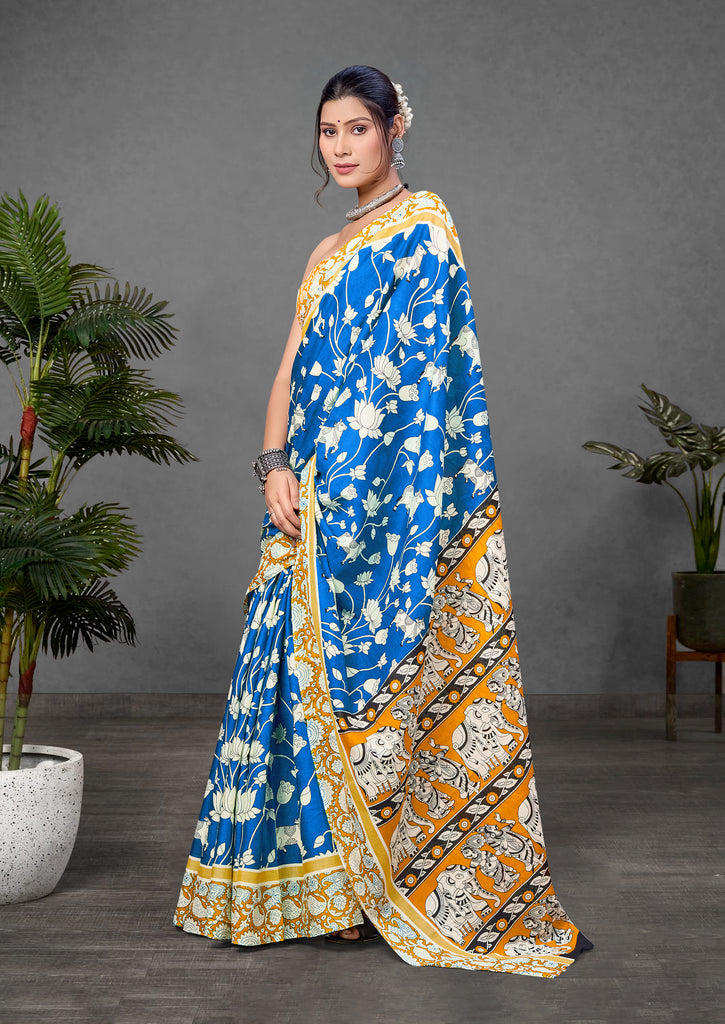 CHIRALA PURE MUL COTTON TRADITIONAL KALMKARI HAND BLOCK  PRINT ROYAL BLUE SAREE