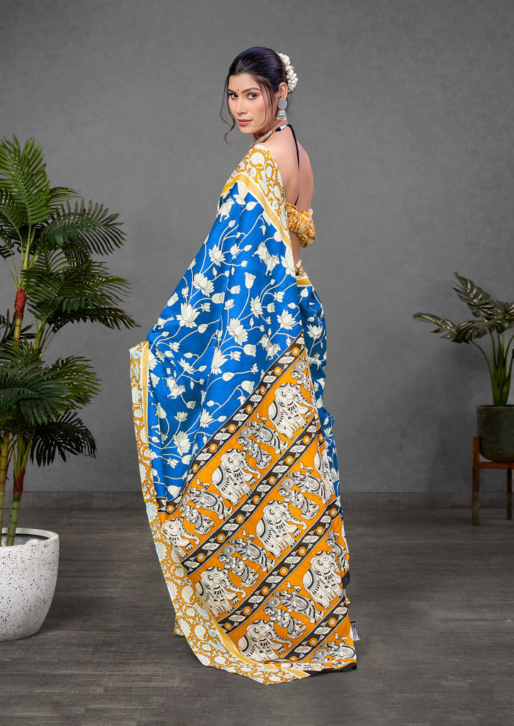 CHIRALA PURE MUL COTTON TRADITIONAL KALMKARI HAND BLOCK  PRINT ROYAL BLUE SAREE
