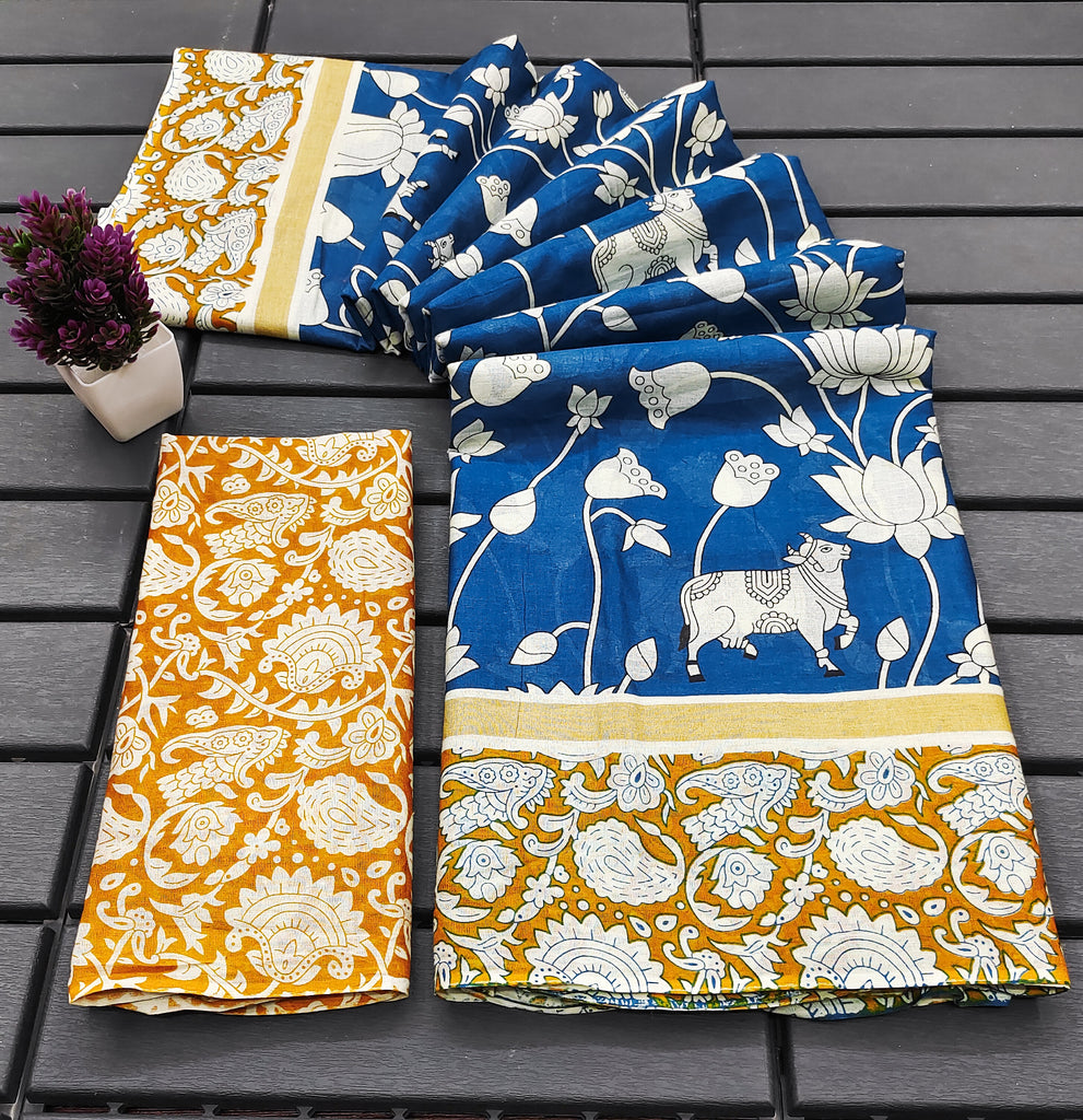 CHIRALA PURE MUL COTTON TRADITIONAL KALMKARI HAND BLOCK  PRINT ROYAL BLUE SAREE