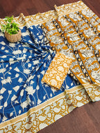 CHIRALA PURE MUL COTTON TRADITIONAL KALMKARI HAND BLOCK  PRINT ROYAL BLUE SAREE