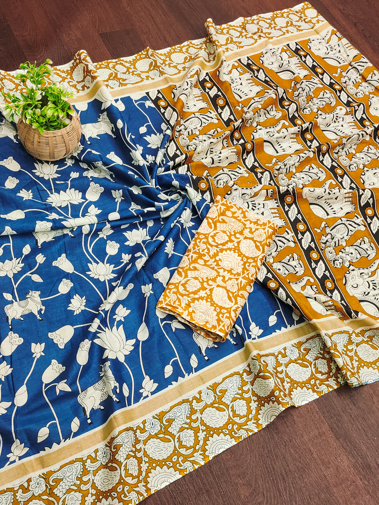 CHIRALA PURE MUL COTTON TRADITIONAL KALMKARI HAND BLOCK  PRINT ROYAL BLUE SAREE