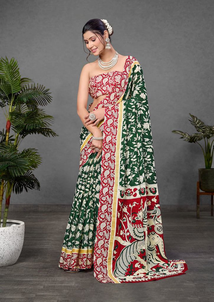 CHIRALA PURE MUL COTTON TRADITIONAL KALMKARI HAND BLOCK  PRINT GREEN SAREE