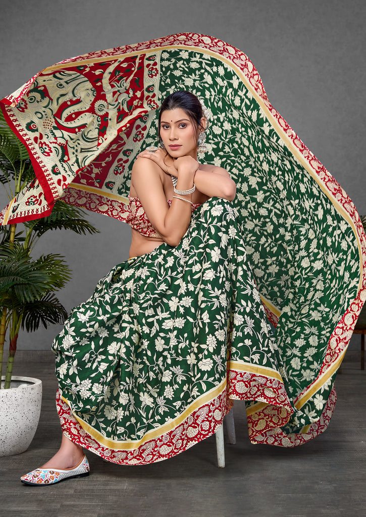 CHIRALA PURE MUL COTTON TRADITIONAL KALMKARI HAND BLOCK  PRINT GREEN SAREE