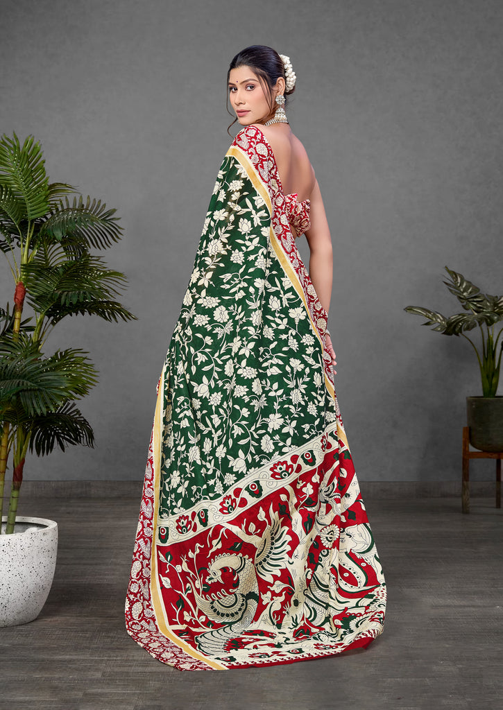 CHIRALA PURE MUL COTTON TRADITIONAL KALMKARI HAND BLOCK  PRINT GREEN SAREE