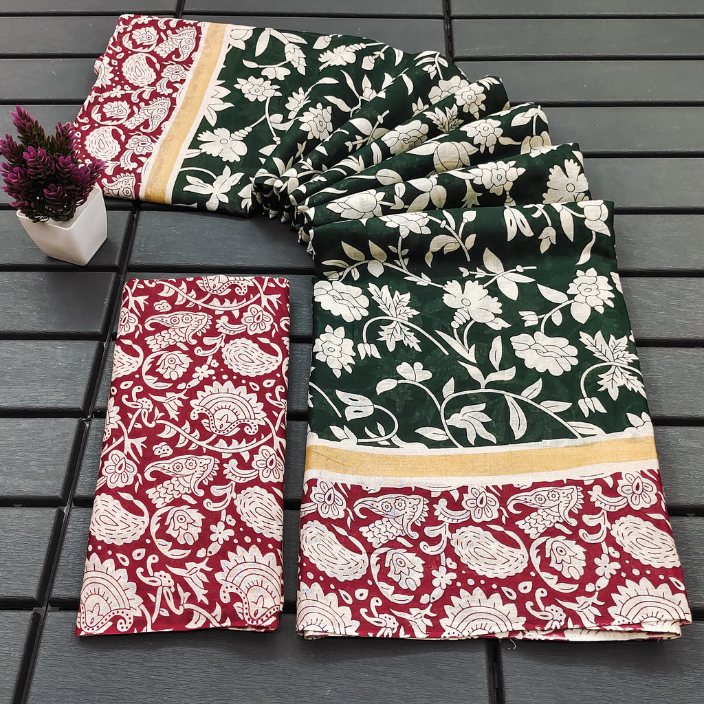 CHIRALA PURE MUL COTTON TRADITIONAL KALMKARI HAND BLOCK  PRINT GREEN SAREE