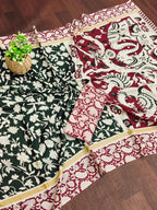 CHIRALA PURE MUL COTTON TRADITIONAL KALMKARI HAND BLOCK  PRINT GREEN SAREE