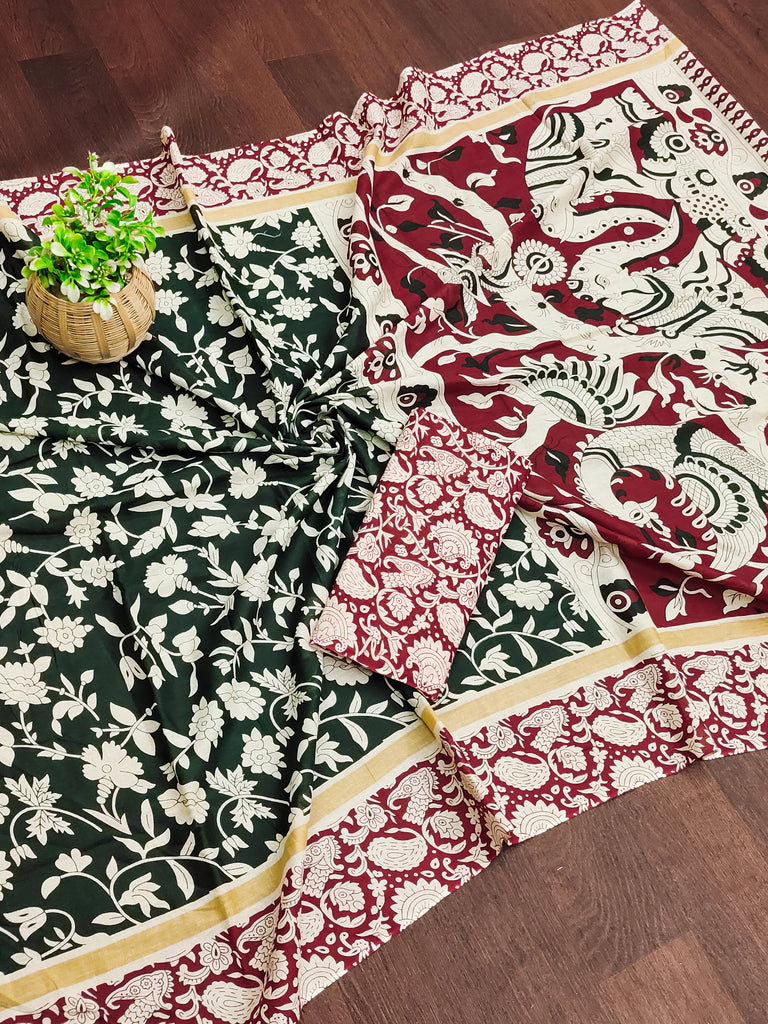 CHIRALA PURE MUL COTTON TRADITIONAL KALMKARI HAND BLOCK  PRINT GREEN SAREE