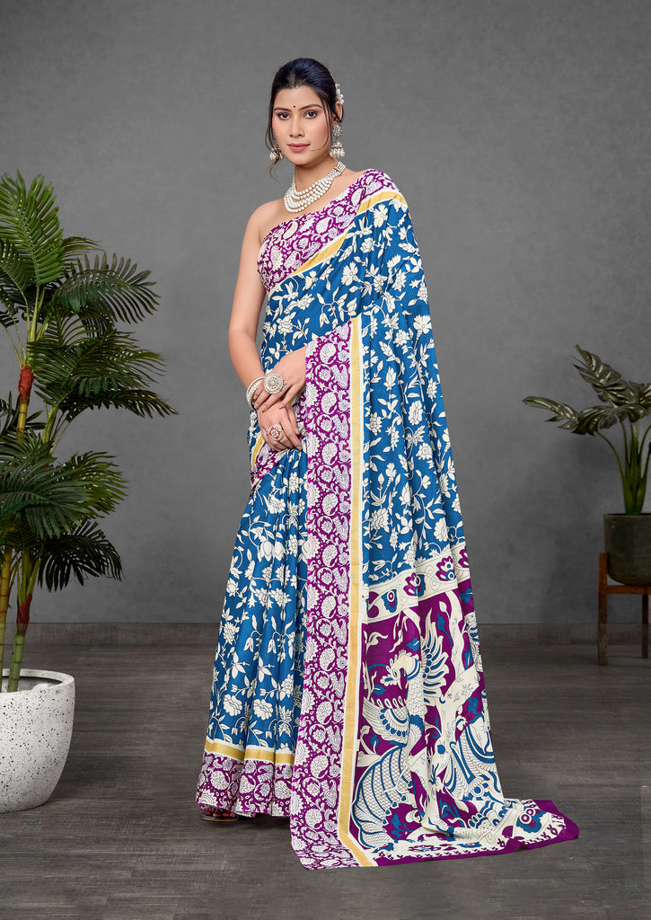 CHIRALA PURE MUL COTTON TRADITIONAL KALMKARI HAND BLOCK  PRINT BLUE SAREE