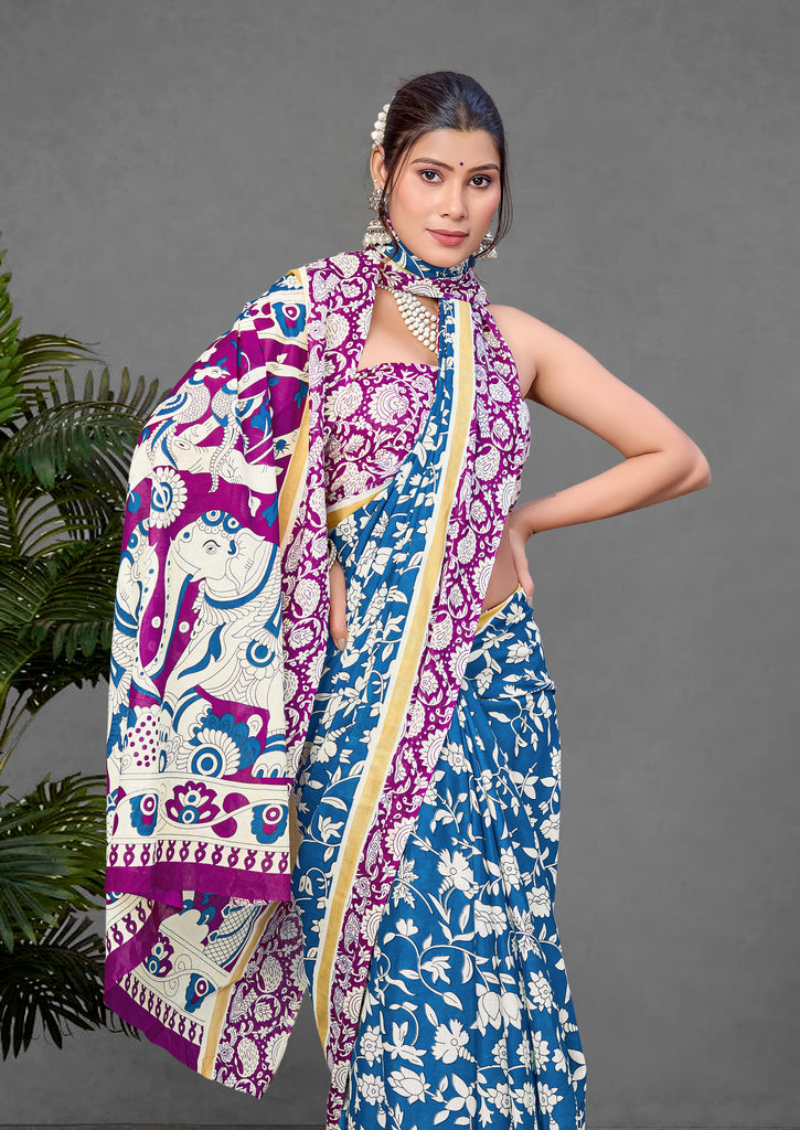 CHIRALA PURE MUL COTTON TRADITIONAL KALMKARI HAND BLOCK  PRINT BLUE SAREE
