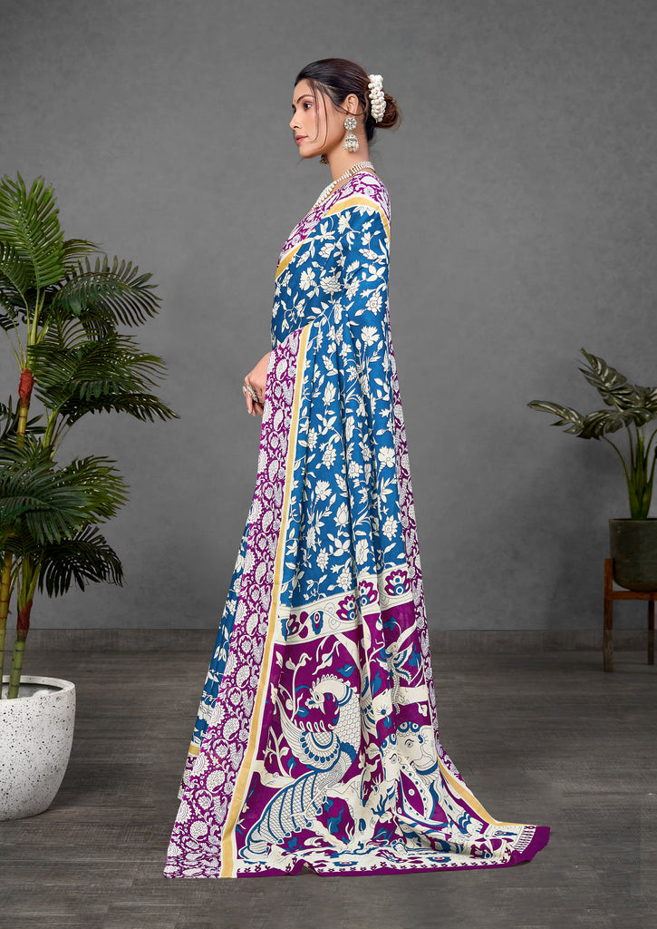 CHIRALA PURE MUL COTTON TRADITIONAL KALMKARI HAND BLOCK  PRINT BLUE SAREE