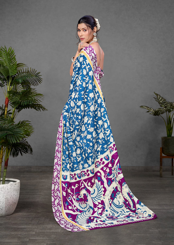 CHIRALA PURE MUL COTTON TRADITIONAL KALMKARI HAND BLOCK  PRINT BLUE SAREE