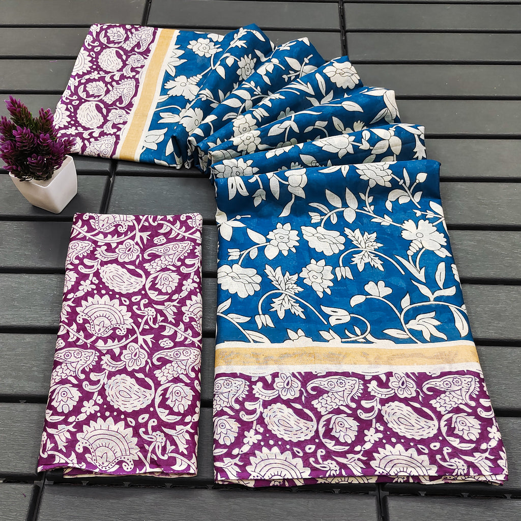 CHIRALA PURE MUL COTTON TRADITIONAL KALMKARI HAND BLOCK  PRINT BLUE SAREE