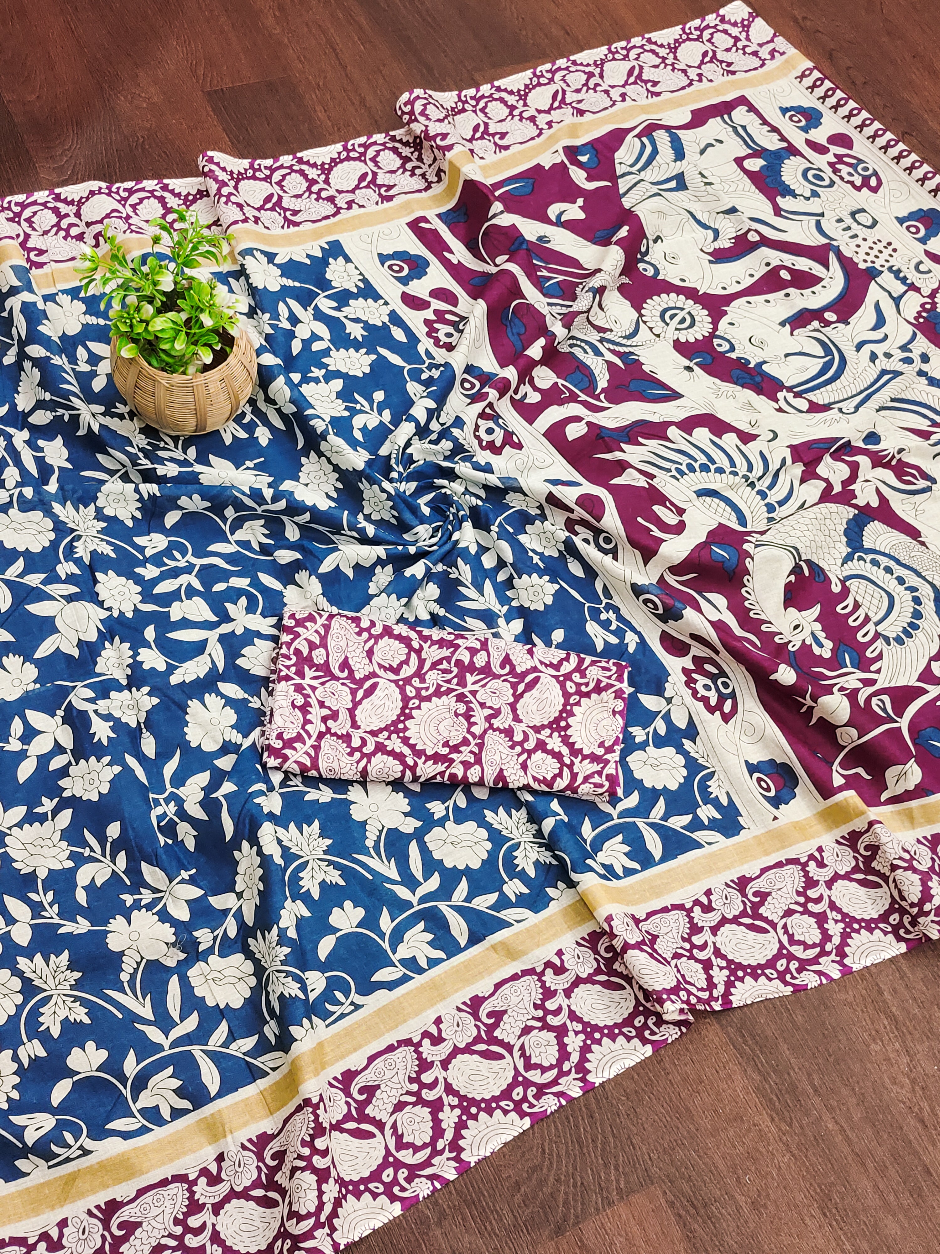 CHIRALA PURE MUL COTTON TRADITIONAL KALMKARI HAND BLOCK  PRINT BLUE SAREE