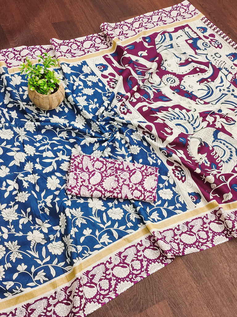 CHIRALA PURE MUL COTTON TRADITIONAL KALMKARI HAND BLOCK  PRINT BLUE SAREE