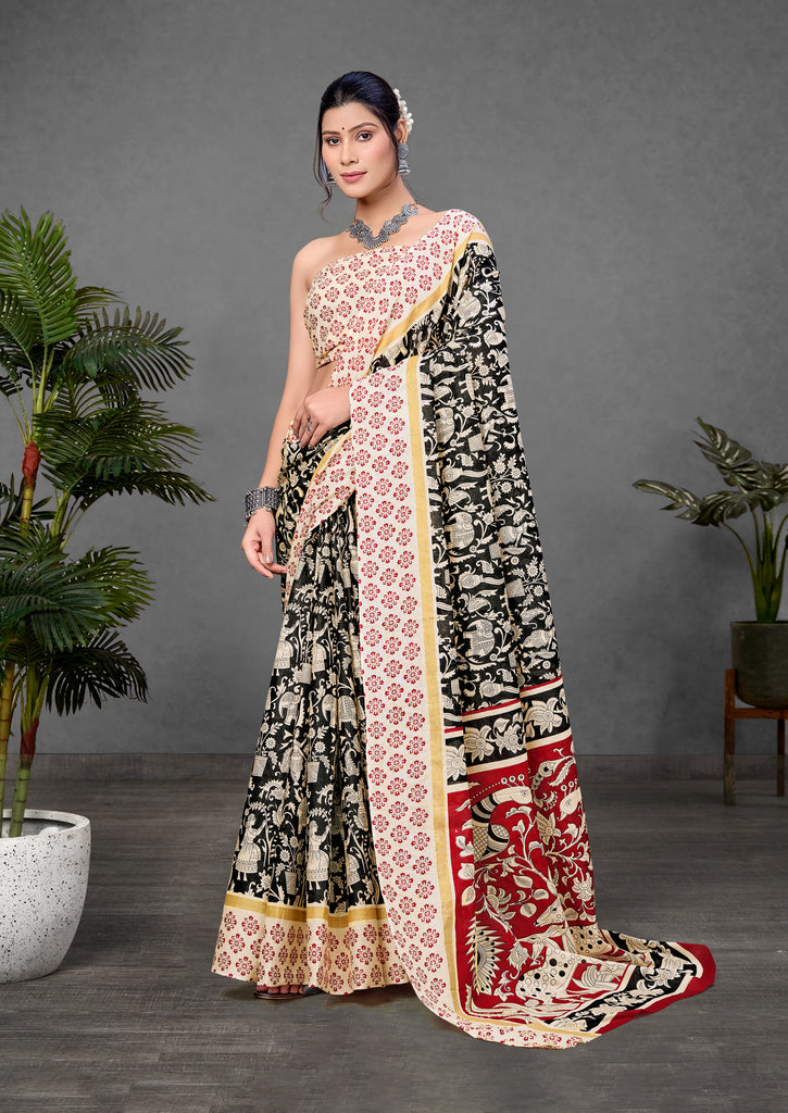 CHIRALA PURE MUL COTTON TRADITIONAL KALMKARI HAND BLOCK  PRINT BLACK SAREE