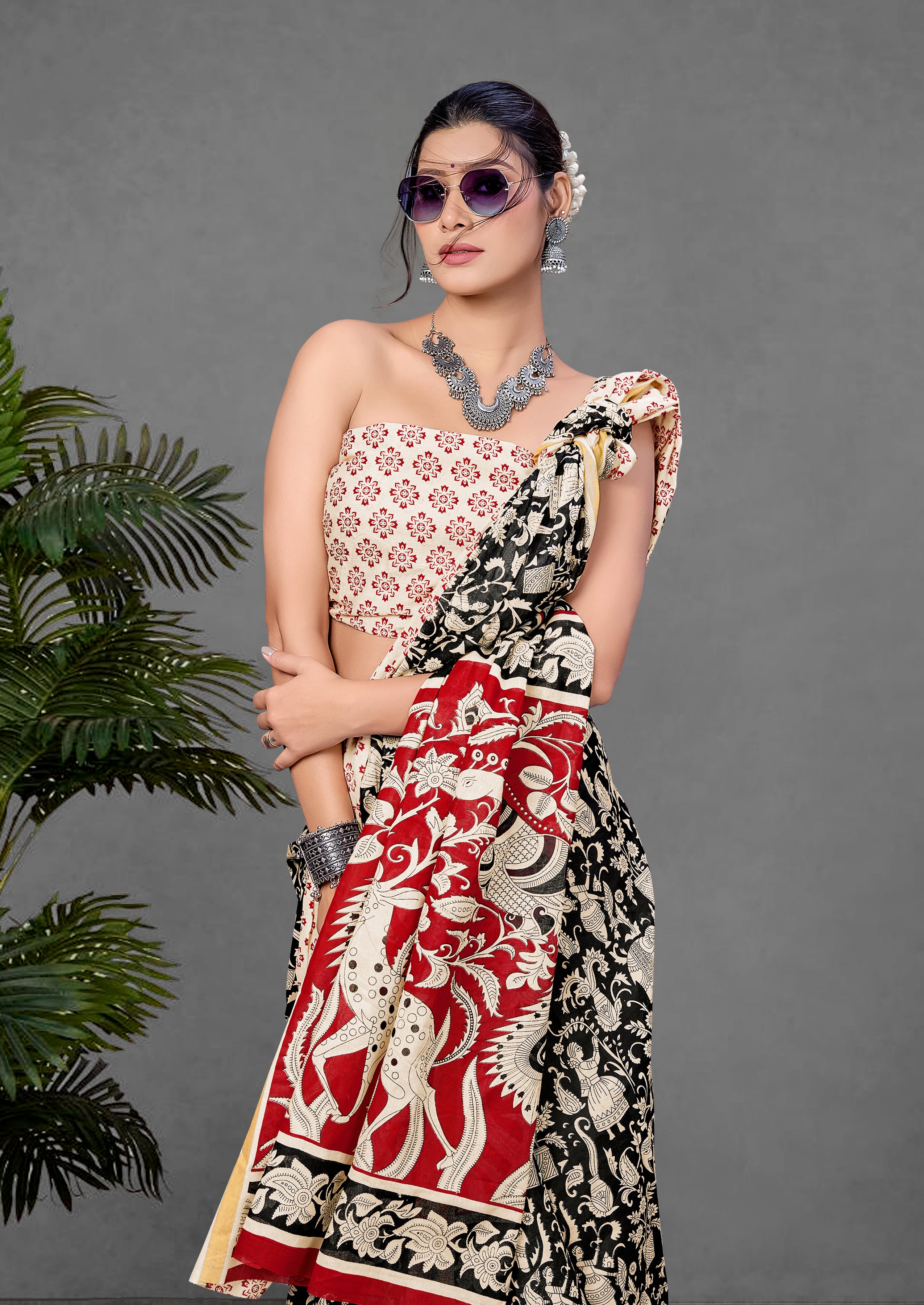 CHIRALA PURE MUL COTTON TRADITIONAL KALMKARI HAND BLOCK  PRINT BLACK SAREE