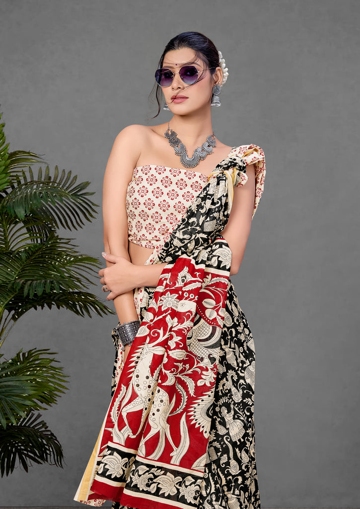 CHIRALA PURE MUL COTTON TRADITIONAL KALMKARI HAND BLOCK  PRINT BLACK SAREE