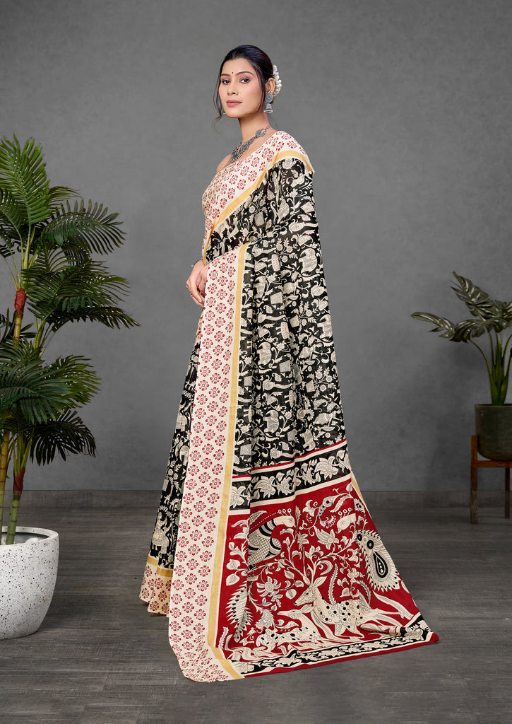 CHIRALA PURE MUL COTTON TRADITIONAL KALMKARI HAND BLOCK  PRINT BLACK SAREE