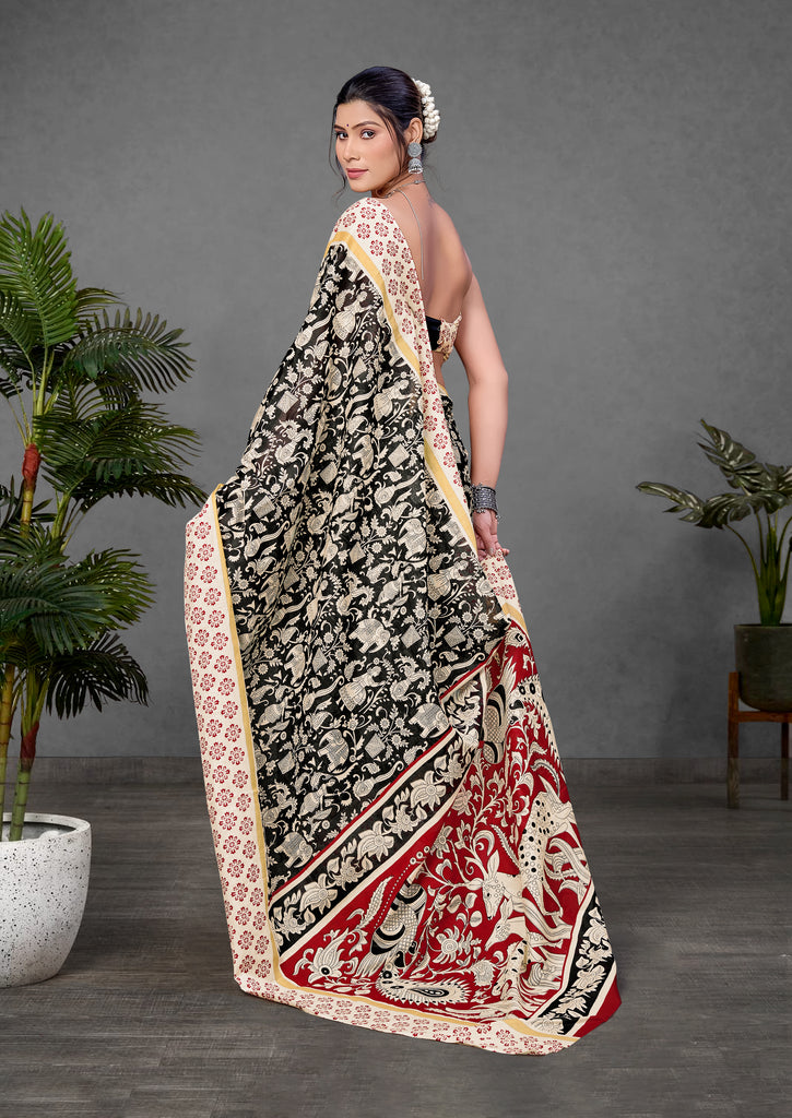 CHIRALA PURE MUL COTTON TRADITIONAL KALMKARI HAND BLOCK  PRINT BLACK SAREE