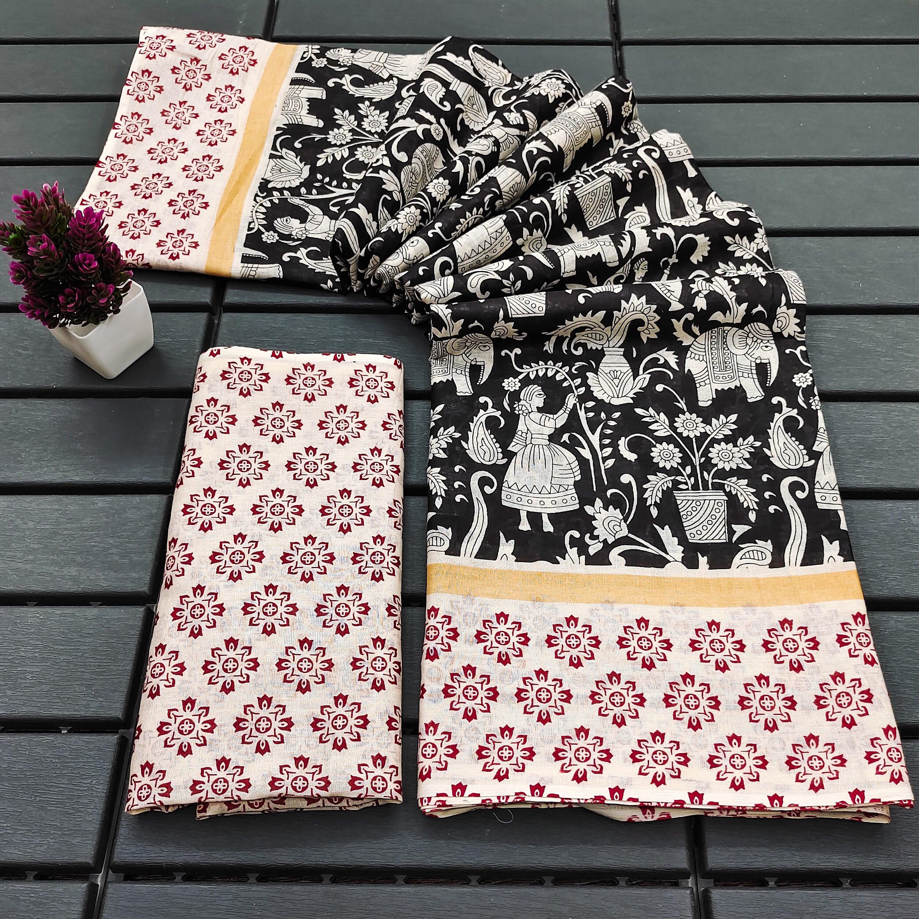 CHIRALA PURE MUL COTTON TRADITIONAL KALMKARI HAND BLOCK  PRINT BLACK SAREE