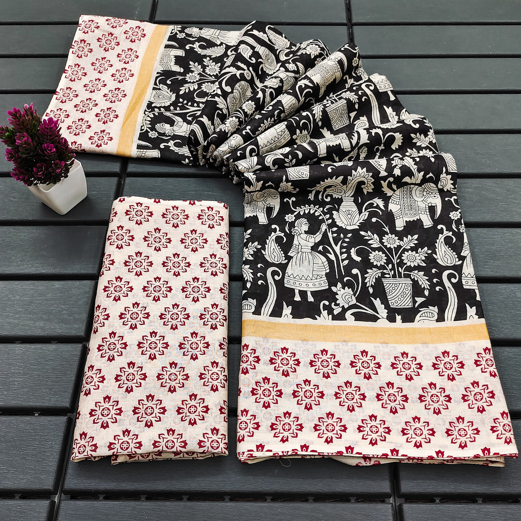 CHIRALA PURE MUL COTTON TRADITIONAL KALMKARI HAND BLOCK  PRINT BLACK SAREE